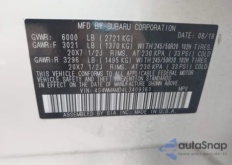 2020 Subaru Ascent Limited из США, поврежденный, VIN 4S4WMAMD4L3409361